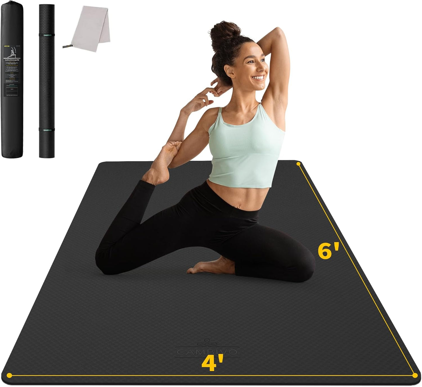 Extra Wide Large Yoga Mat (6' x 4') - Thick 1/4 Inch Exercise Mat for Home Workouts, Yoga, and Pilates (Black)
